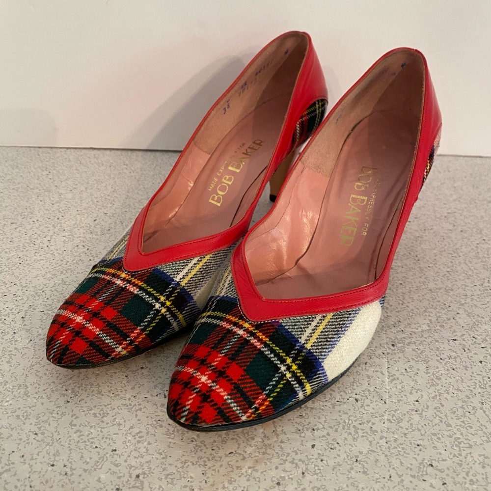 Vintage Christmas Pumps High Heel Shoes plaid 8M